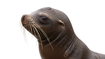 Sea lion head isolated PNG on transparent background, marine mammal with whiskers and brown fur for wildlife and animal themes