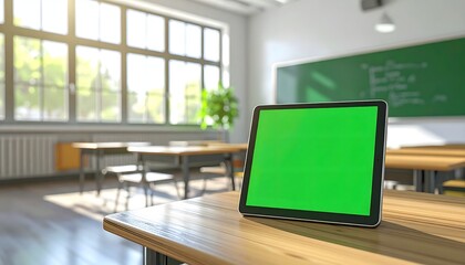 Empty Classroom With Green Screen Tablet On Desk