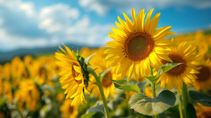 Sunflower field with cloudy blue sky. Sunflowers landscape