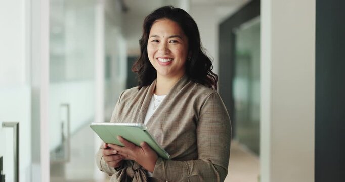 Woman, tablet and smile with face at office, notification or proposal for real estate deal. Person, realtor and property developer at agency with tech, application or happy for project in Indonesia