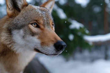 Fototapeta premium In a snowy terrain, a wolf displays its powerful gaze and wild beauty, embodying the essence of nature's raw elegance and wilderness spirit.