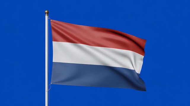 Dutch flag waving proudly against a plain blue screen background&nbsp;perfect for travel destination or national pride video footage about Netherlands