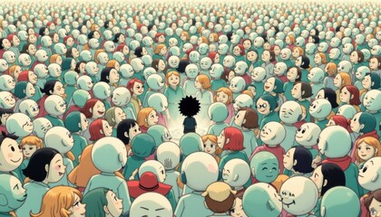 Obraz premium one dark among light 11: a crowd of characters in light mint tones with a single character in charcoal ink standing out, gentle line art cartoon, tightly packed character crowd