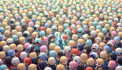 Obraz premium one dark among light 41: a crowd of characters in pastel beige tones with a single character in soft obsidian standing out, soft digital painting style, dense repeating pattern filling the frame