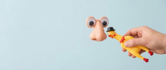 Naklejka premium Surreal silliness a whimsical encounter between a rubber chicken and a quirky face in a bright playful environment captured from a fun angle for creative inspiration