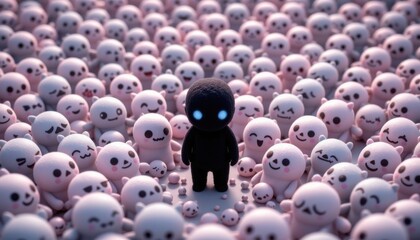 one dark among light 90: a crowd of characters in powder grey tones with a single character in midnight black standing out, plush toy inspired illustration, randomly scattered yet cohesive crowd