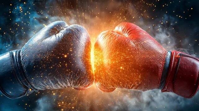 Two boxing gloves collide in an intense moment, showcasing the energy of the competition over dark background with smoke