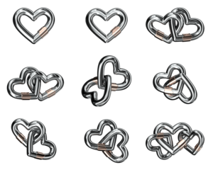 3D Iron Hearts – Single & Linked, Transparent Background.
