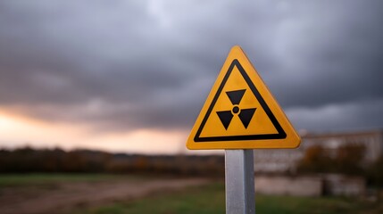 A yellow radiation hazard warning sign stands against a dramatic overcast sky at dusk
