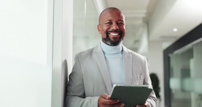 Black man, tablet and smile with face at office, notification or deal for real estate project. Mature person, realtor and property developer at agency with tech, app and happy for proposal in Nigeria