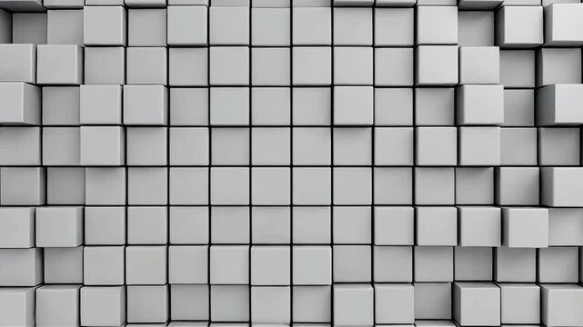 Minimalist surface of grey cubes moving up and down in a rhythmic wave formation showing depth and structure in a modern geometric design