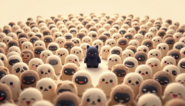 one dark among light 111: a crowd of characters in ivory tones with a single character in soft obsidian standing out, plush toy inspired illustration, center focused crowd composition