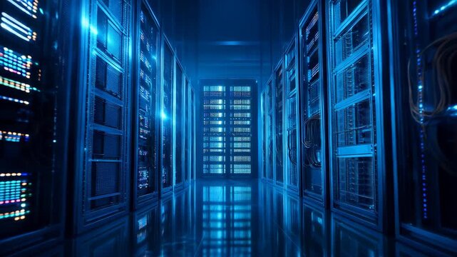 Rows of computer servers in a data center with blue lighting and cables