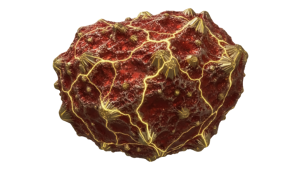 Red and gold textured sphere PNG isolated on transparent background, abstract organic shape with glowing veins, decorative element for graphic design