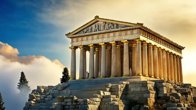 Explore ancient temple ruins in Greece with clouds surrounding the iconic structure as the sun sets in the background
