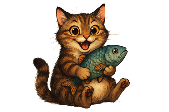 Cute cartoon kitten holding fish illustration isolated on transparent background - Powered by Adobe