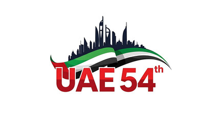 Obraz premium UAE 54th National Day Celebration Logo with Skyline Silhouette and Waving Flag