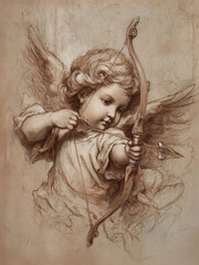 Fototapeta premium Vintage Valentines Day Cupid Angel with Bow Print