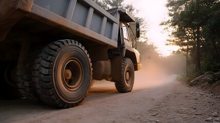 Obraz premium A heavy duty dump truck navigates a dusty rural road at dawn kicking up dust in the warm morning light