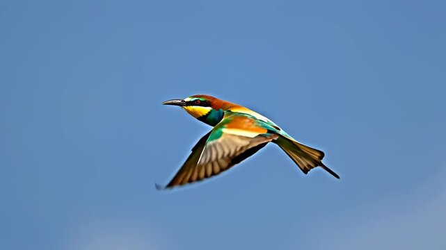 European bee-eater with colorful plumage flying through a clear blue sky in bright daylight