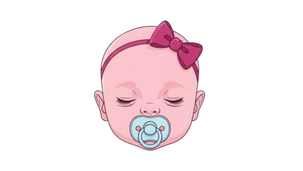 Sleeping baby girl with pacifier PNG isolated on transparent background, cute infant with pink bow for baby shower and nursery decor