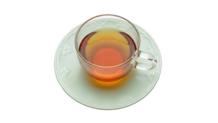 Glass teacup with amber tea isolated PNG, refreshing beverage on a light green saucer for a relaxing afternoon break
