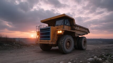 A massive yellow dump truck sits in a quarry as the sun sets casting warm light through dramatic clouds