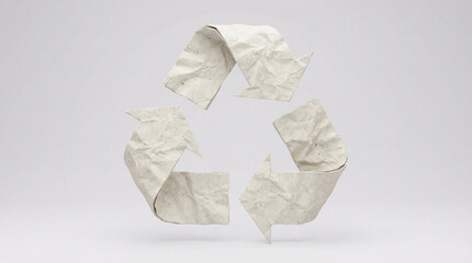 Crumpled paper recycling symbol in neutral tones on white background  