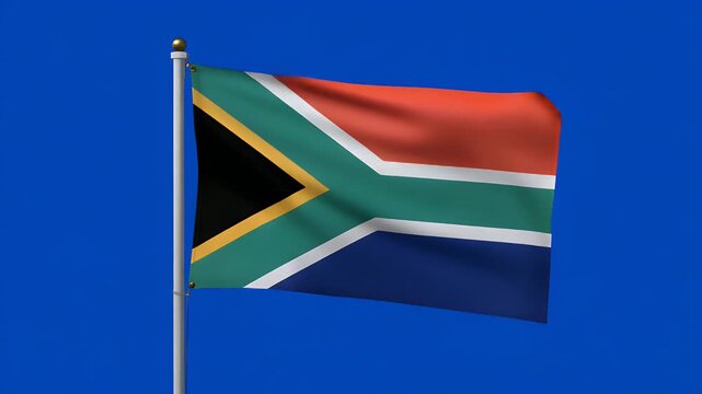 Vibrant South African flag waving proudly against a plain blue screen background&nbsp;symbolizing patriotism and national pride in dynamic motion