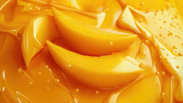 A slice of mango is in a yellow liquid. The mango is cut in half. The liquid is yellow and has bubbles