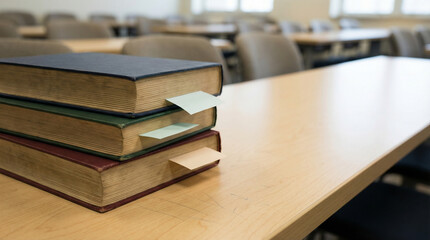 Stacked books with bookmarks on wooden table in empty classroom  
