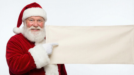 Santa Claus smiling and pointing at blank banner on white background  