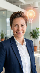 Confident woman smiling in office with lightbulb idea overhead  