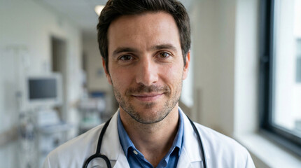 Male doctor smiling in hospital corridor with medical equipment  