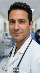 Male doctor smiling in hospital hallway with medical staff around  