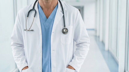 Male doctor standing in hospital corridor with stethoscope around neck  