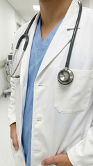 Male doctor wearing white coat and stethoscope in hospital hallway  