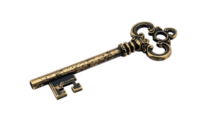 Close-up of an ornate, golden antique key against a black background. The key exhibits detailed craftsmanship and aged patina