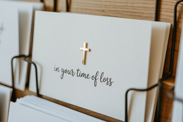 Close up of condolence card with "In your time of loss" text and religious cross displayed in a card rack at a shop