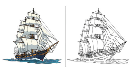 Antique Sail Ship Illustration Set Featuring Full Color and Detailed Pencil Sketch Versions