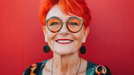 Senior woman with vibrant red hair and glasses smiles warmly against a bold red background, showcasing confidence and joy in her expression and style