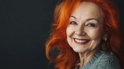 Smiling elderly woman with vibrant red hair, wearing a cozy gray sweater, poses against a dark background, radiating warmth and joy, showcasing beauty and confidence in aging