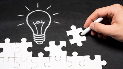 Hand placing puzzle piece near chalk drawing of light bulb
