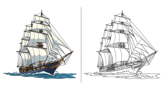 Antique Sail Ship Illustration Set Featuring Full Color and Detailed Pencil Sketch Versions
