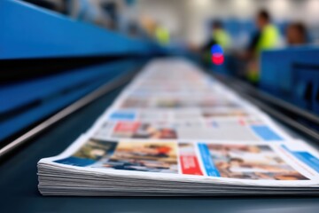Stack of freshly printed newspapers on conveyor belt inside modern press facility, editorial publishing process ideal for news distribution and media concepts