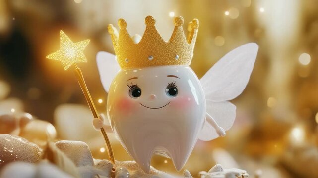 A whimsical tooth fairy character in a cheerful pose with a sparkling golden crown, flying through a glittering backdrop of stars and jewels. Perfect for dental care marketing or children's media.