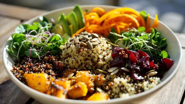 Healthy quinoa bowl vegetables fruits wooden table nutritious meal vegan vegetarian food photography fresh colorful clean diet wholesome lunch closeup