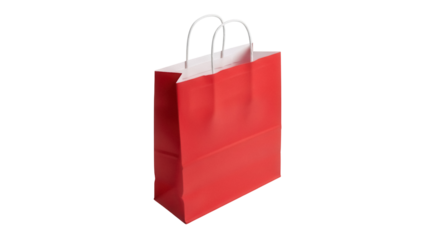 Red paper shopping bag isolated PNG, blank gift bag with handles for retail, merchandise, or promotional use on transparent background