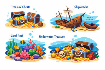 Naklejka premium Adventure Awaits: Explore the depths of imagination with these captivating illustrations of treasure chests, shipwrecks, and vibrant coral reefs.
