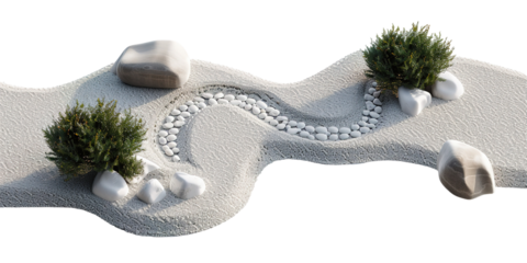 A garden path made of gravel winds gently through stones and shrubs, showcasing a simple design suitable for outdoor spaces. The focus is on the natural elements involved